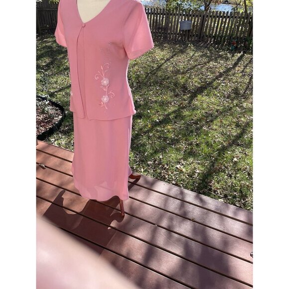 Leslie Belle Pink Size 10P Short Sleeve Two-Piece Maxi Dress With Floral Embroid - Picture 6 of 15